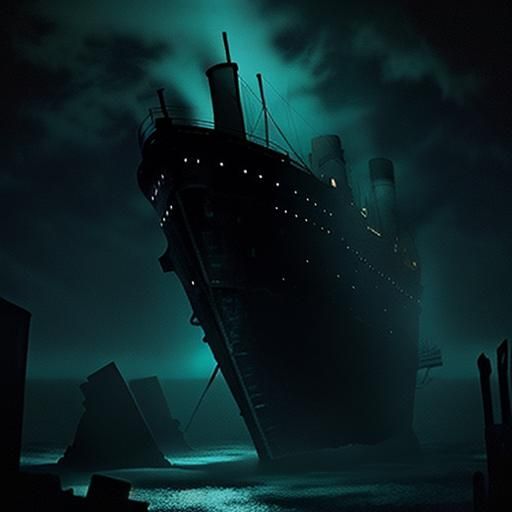 Titanic Wreckage Graveyard with Bioluminescent Moss