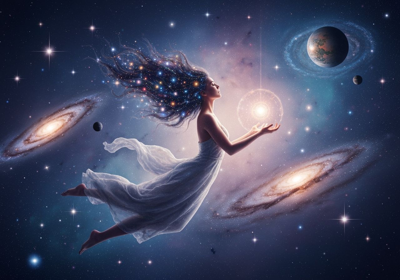 Ethereal Woman in Cosmic Void Holding Glowing Orb