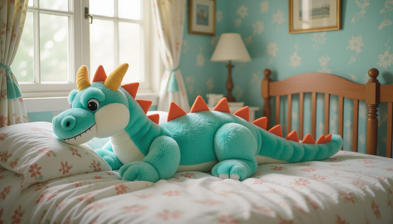 Plush Dragon Stuffed Animal on Bed as Impressionist Masterpi...