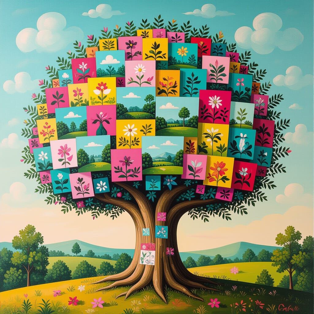 Whimsical Tree Covered in Miniature Paintings