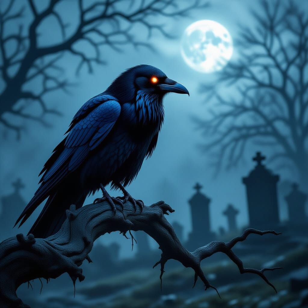Spectral Raven in Gothic Graveyard
