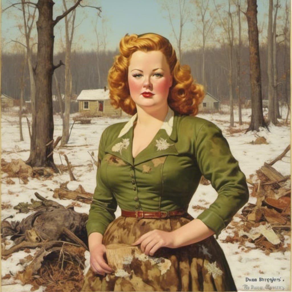 Pin-Up Girl in War-Torn Landscape, Vintage Americana Style