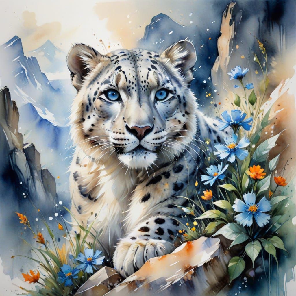 Snow Leopard Cub in Watercolor Style