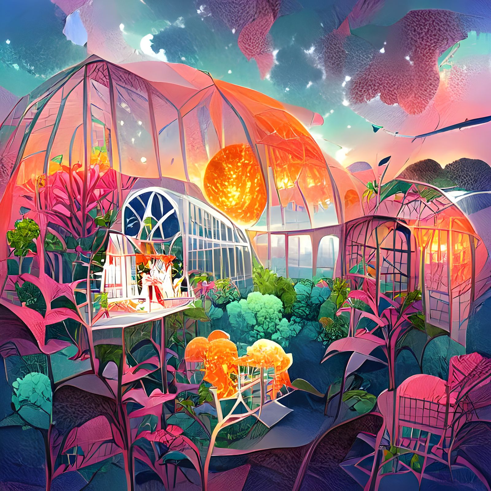 Celestial Greenhouse in Space: Whimsical Digital Art