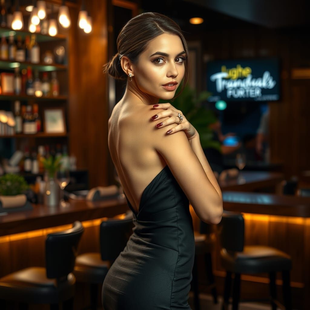 Elegant Woman in Evening Gown Posing in Bar
