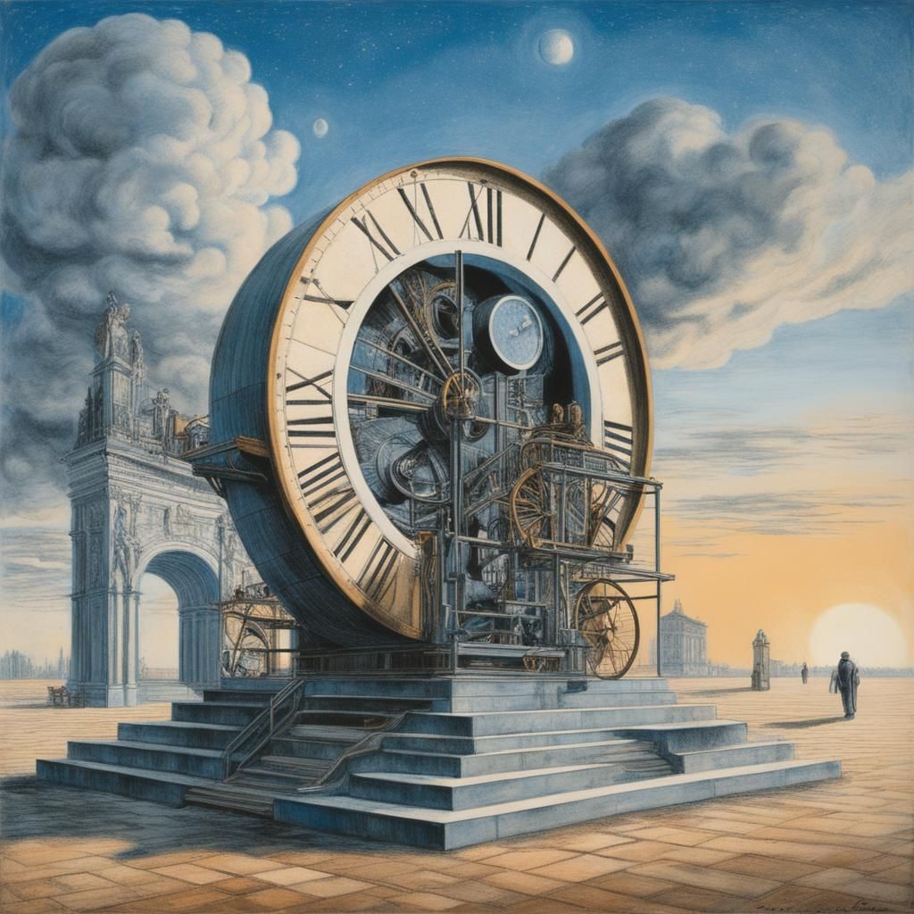 Time Machine in Surreal Pastel Lithograph