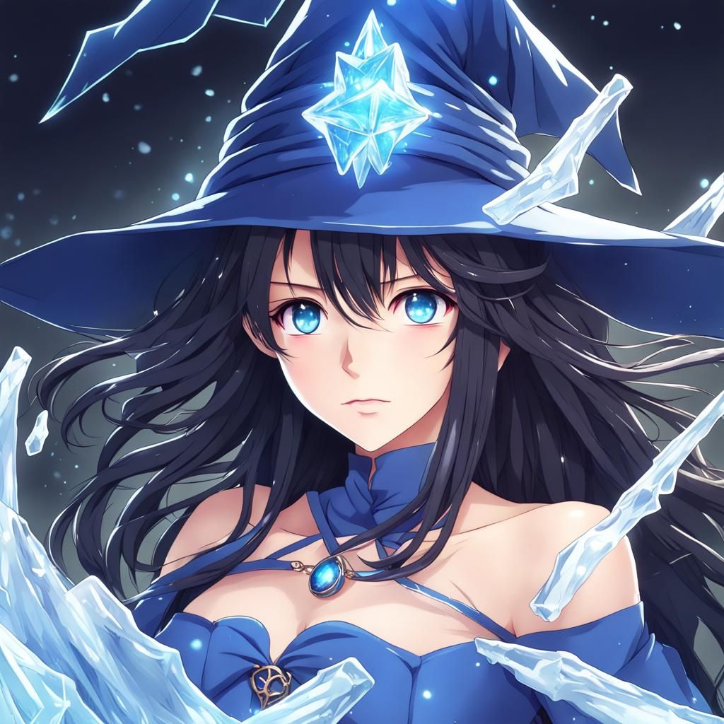 Blue Witch Girl Casting Ice Magic: Anime Style