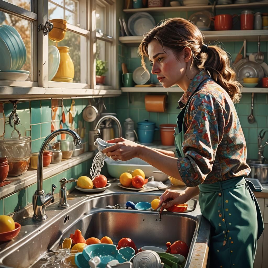 Hyperrealistic Hands Wash Dishes in Colorful Kitchen