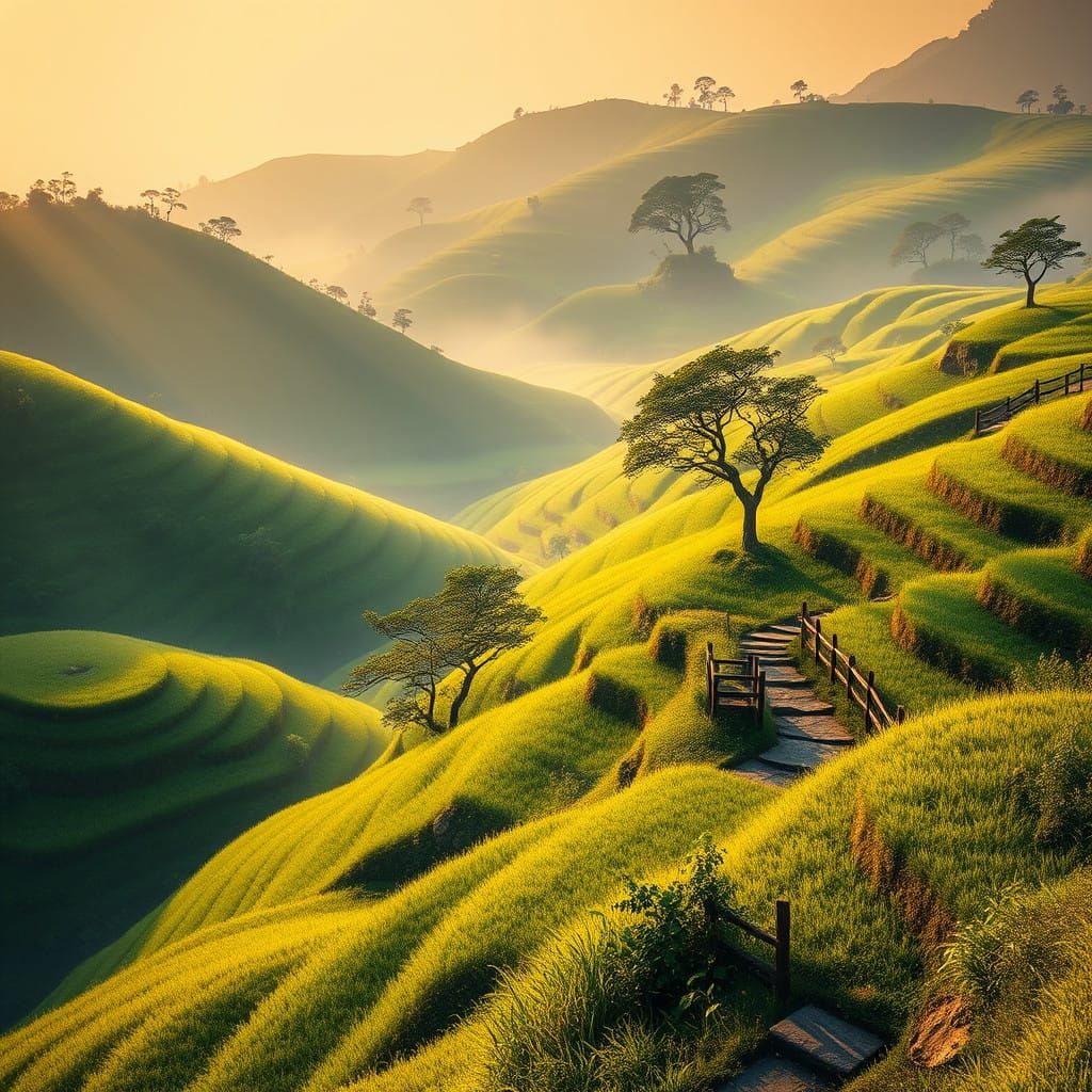 Rolling Rice Terraces in Golden Morning Mist