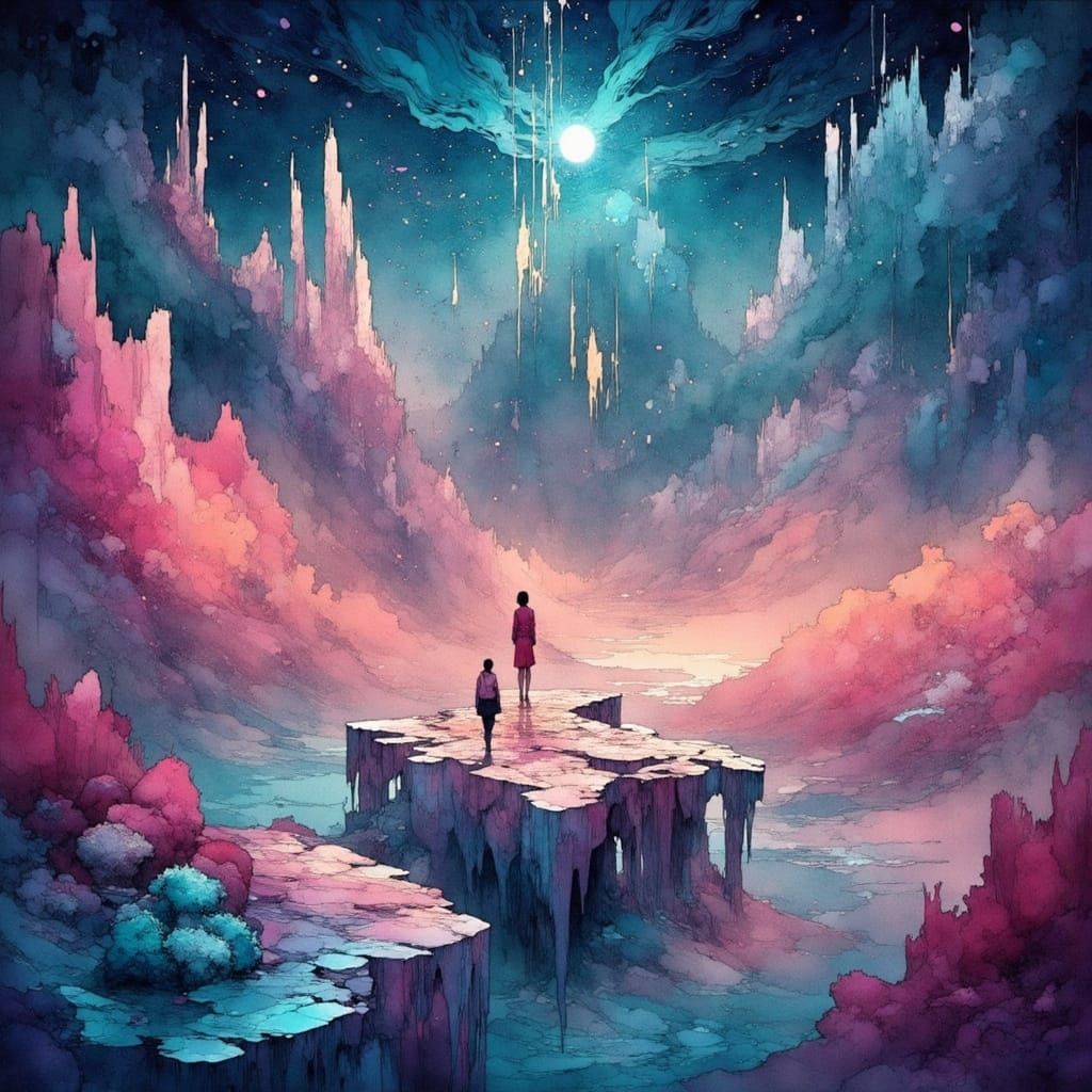 Icy Landscape with Woman in Cubist Style