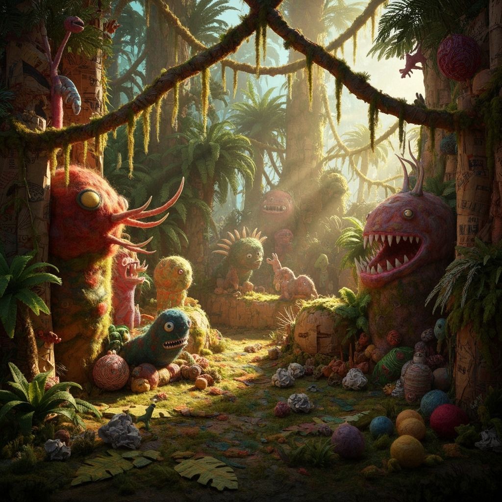 A whimsical, primal jungle built entirely from recycled cardboard, wool threads, crumpled paper, and misfit craft materi...