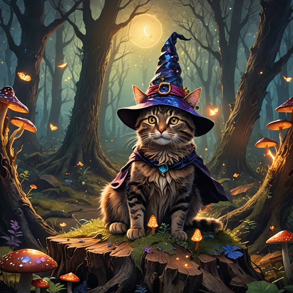 Cat in Witch Costume in Mystical Forest