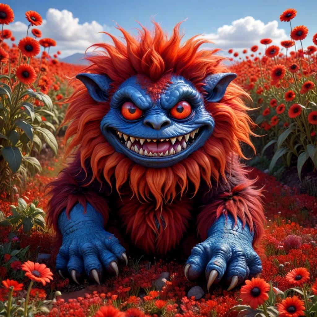 Adorable Fiery Red Monster in Flower Field