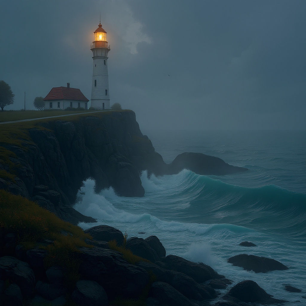 Lighthouse Overlooking Stormy Sea as Oil Painting
