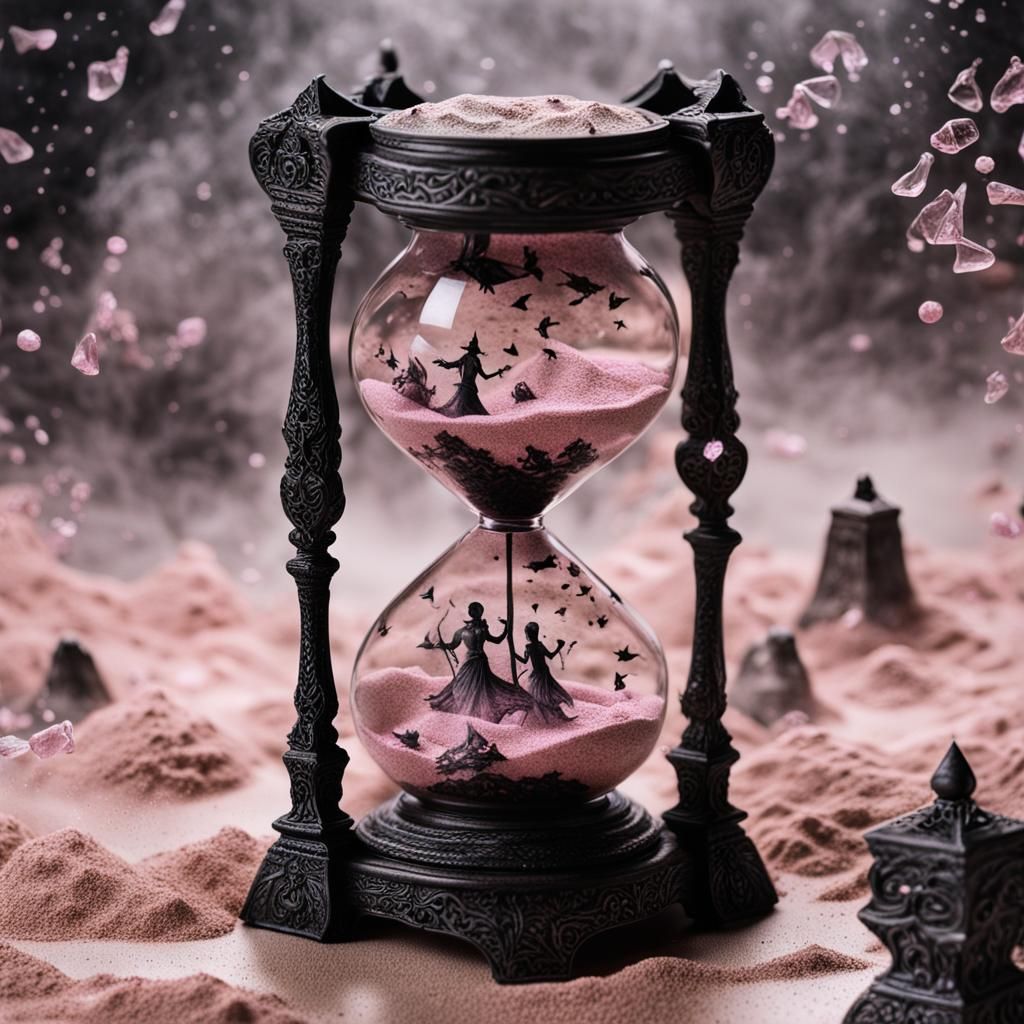 Gothic Fantasy Hourglass with Dancing Ghosts in Etching Styl...
