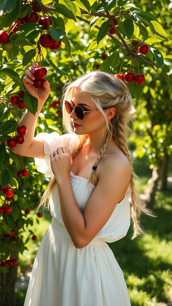 Surreal Summer Goddess Picking Cherries in Dappled Light