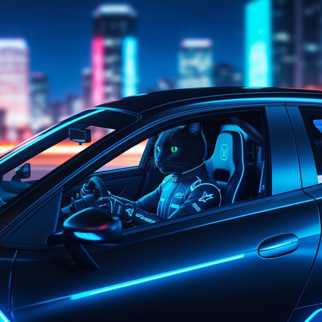 Futuristic Cat Race Car on Neon Highway