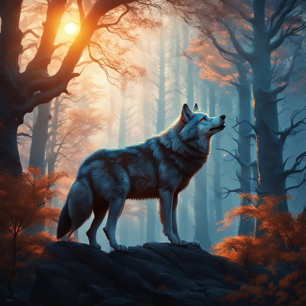 Mystical Wolf Howling in a Magical Forest