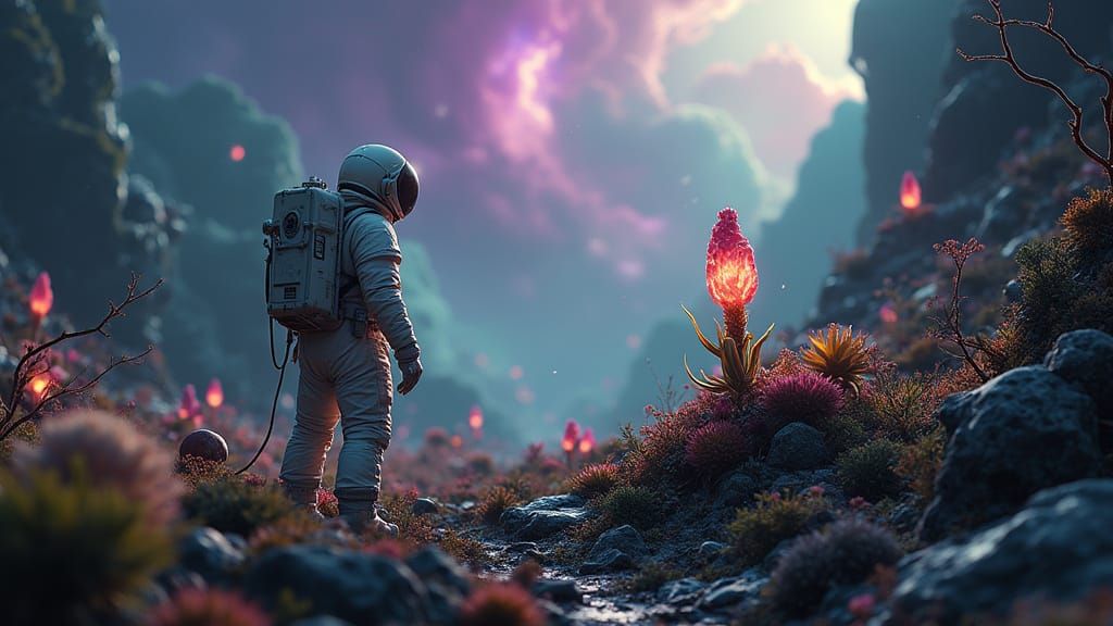 Astronaut Explores Bioluminescent Alien Jungle