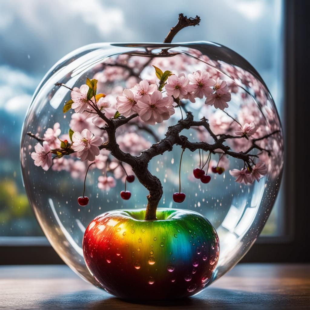 Cherry Blossom Tree in Glass Apple, Surreal Art