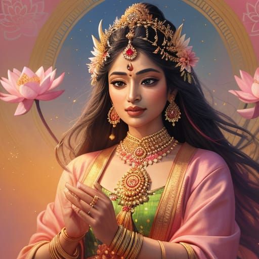 Indian Goddess Dancing Among Lotus Blossoms: Oil Painting