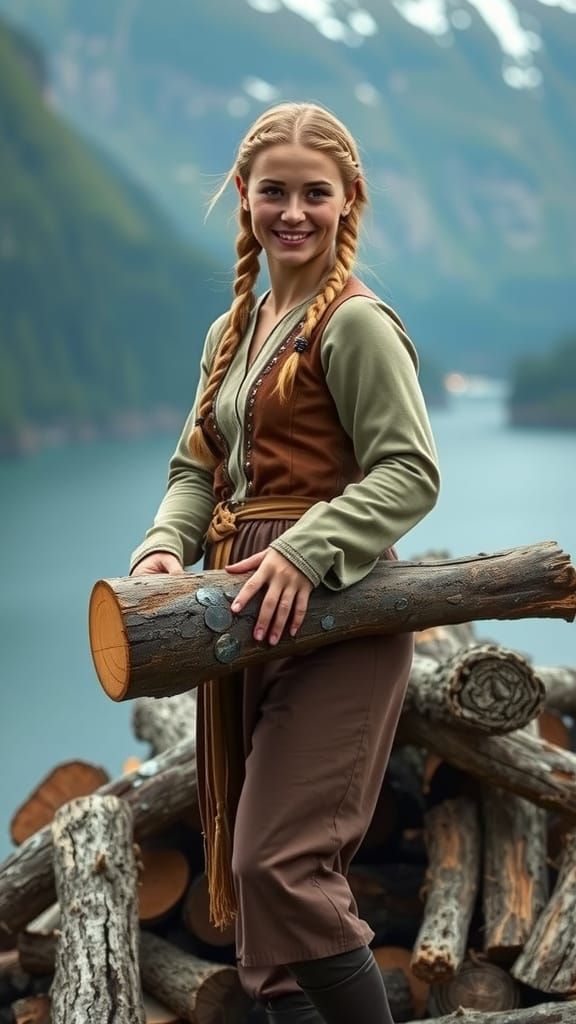Norwegian Woman with Braided Hair in Fjord Landscape