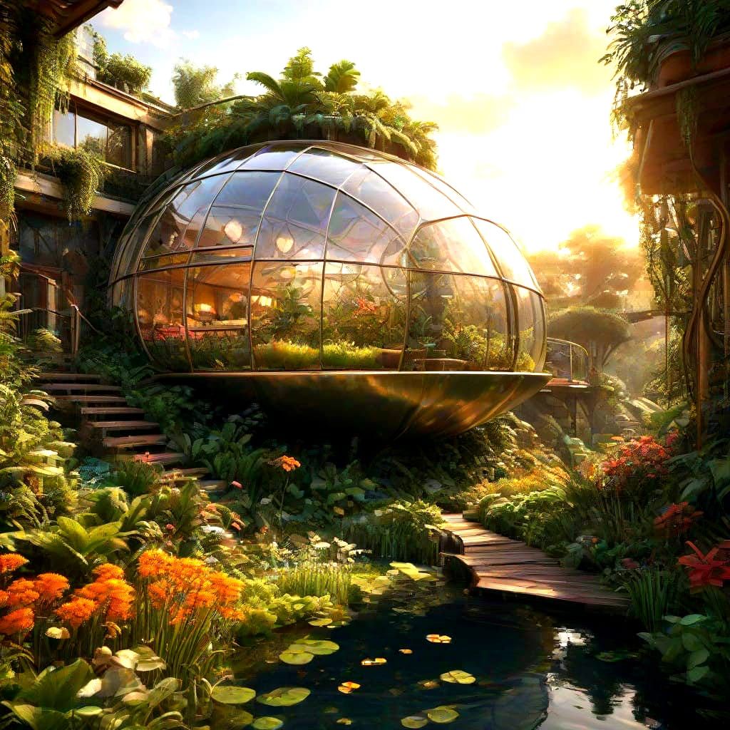 Maximalist Solarpunk Cityscape with Twisted Greenhouses