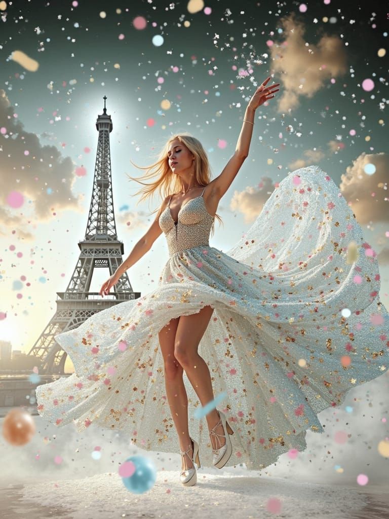 Woman Dancing at Eiffel Tower in Vibrant Style