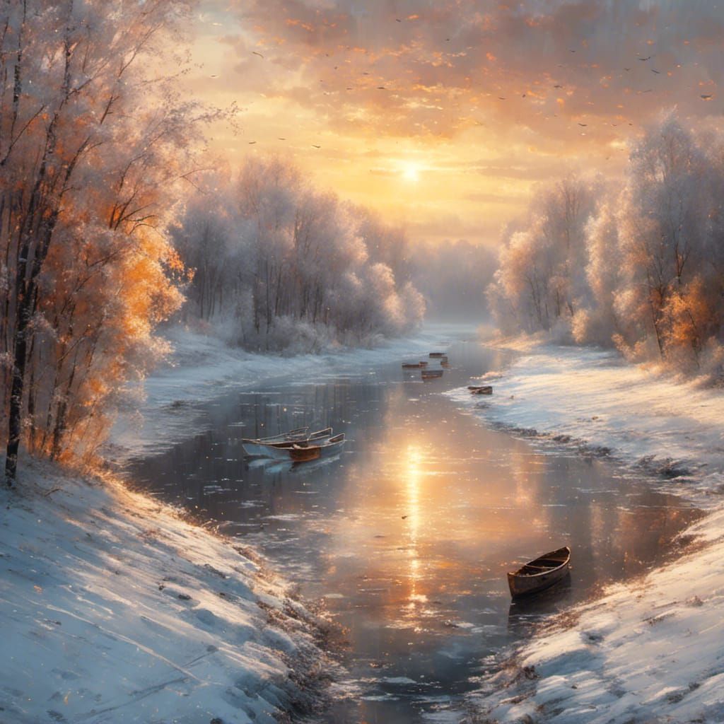 River Path with Boats at Sunset: Exquisite Painting