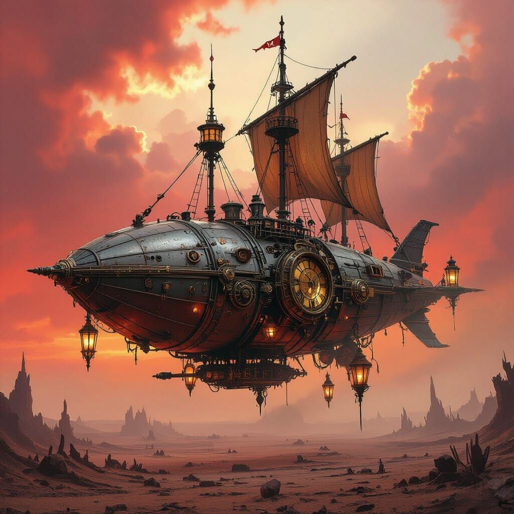 Gothic Rocket Ship Drifting Through Crimson Sky