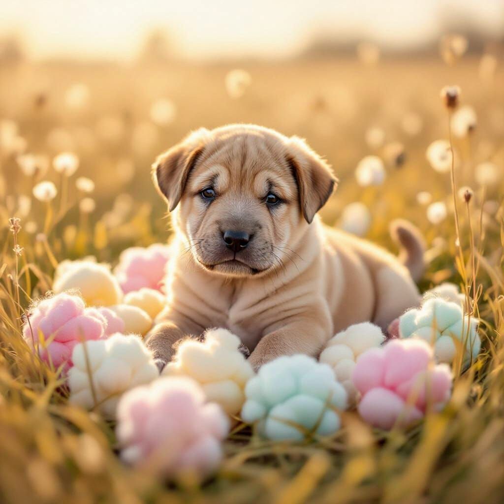 Sharpei Puppy in Pastel Cotton Ball Field