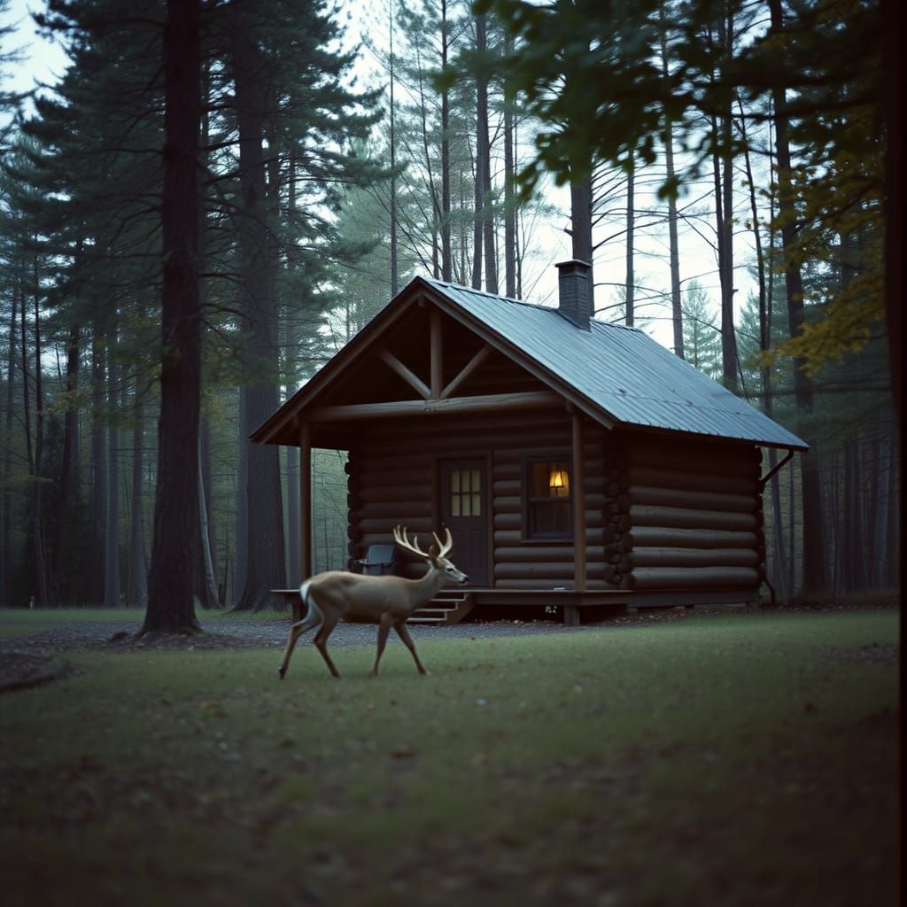 Cinematic Cabin Scene with a Deer Passing Through