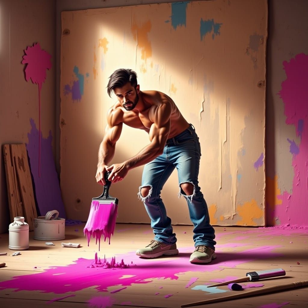 <lora:Flux Hyperreal:1.0> A rugged, sweaty muscular painter ...