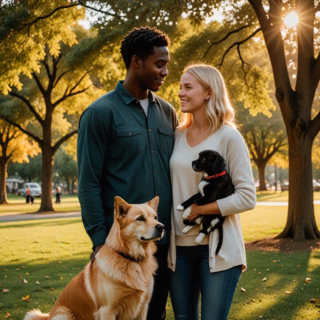 Interracial Couple With Pets in Park at Golden Hour