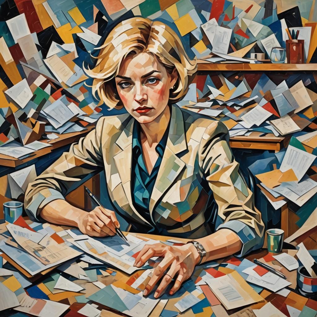 Cubist Oil Painting of Woman in Chaotic Office