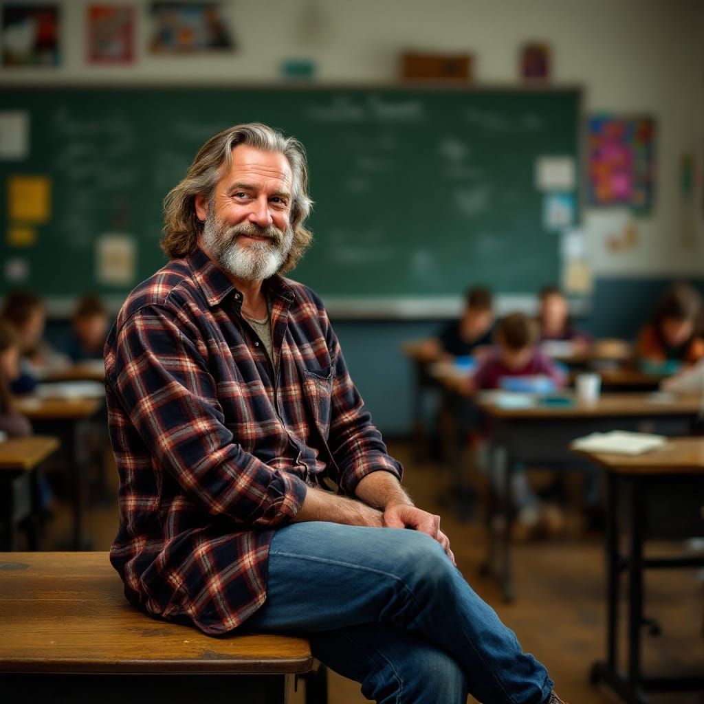 Warm Portrait of a Wise Teacher in a Classic High School Cla...