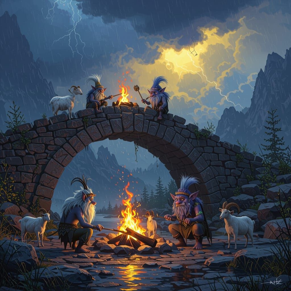 Trolls Roast Goats Under Broken Bridge in Dark Fantasy