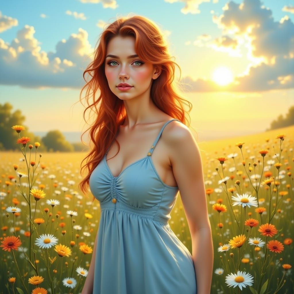 Woman in Sun-Drenched Meadow, Impressionist Style