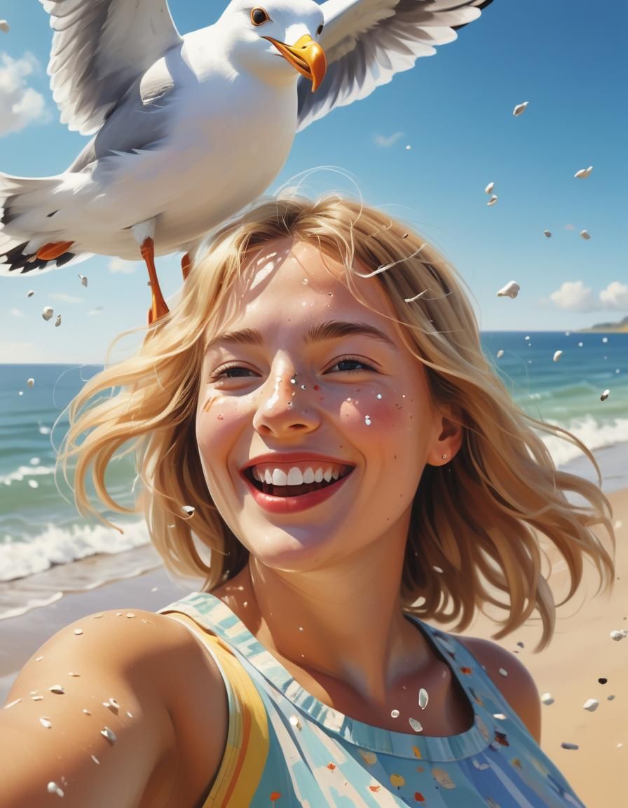 Seagull Photobomb: Whimsical Beach Selfie in Vibrant Colors