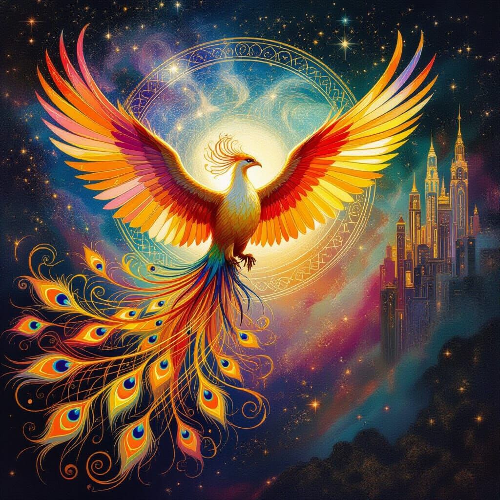 Iridescent Phoenix Soaring Through Nebula in Art Nouveau Sty...