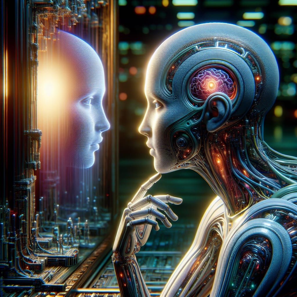 AI Gazing at Reflection: Hyperrealistic 8k Detail