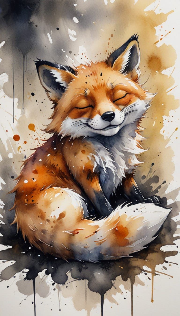 Relaxed Anthropomorphic Fox in Ink Splatter Style