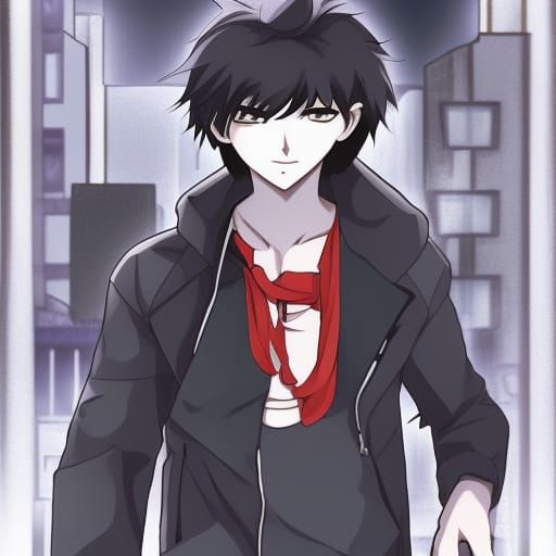 Cool Dark-Haired Boy in Anime-Style City