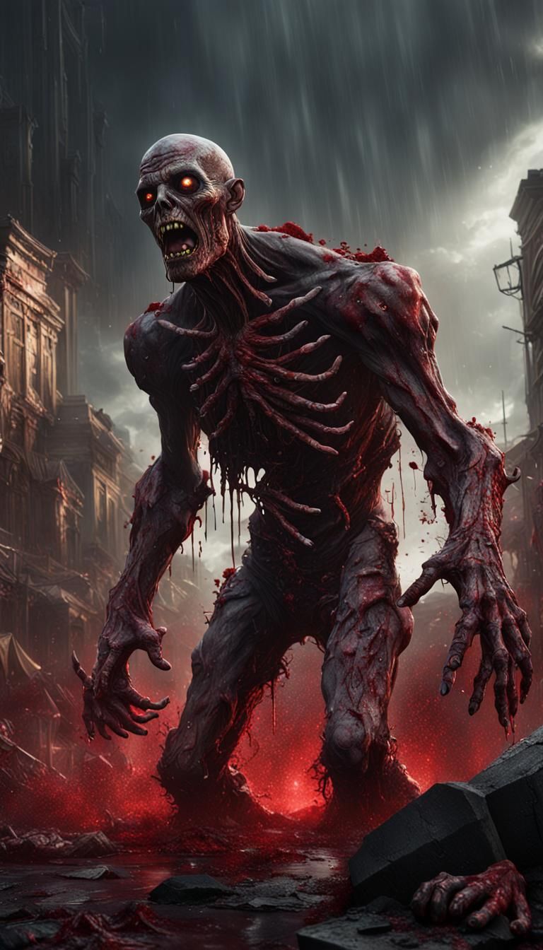 Colossal Zombie in Blood Rain: Detailed Fantasy Art