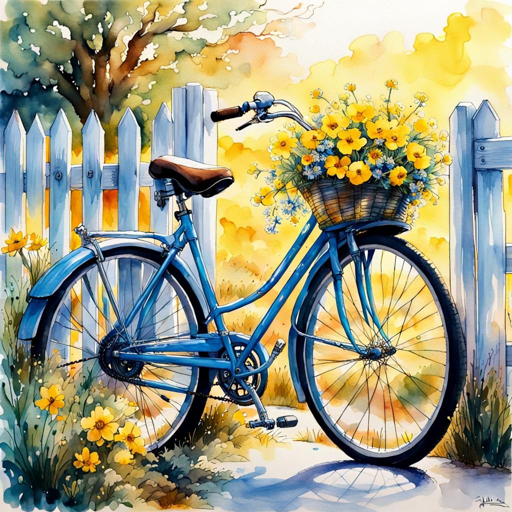 Blue Bicycle with Flowers at Sunrise, Watercolor Art