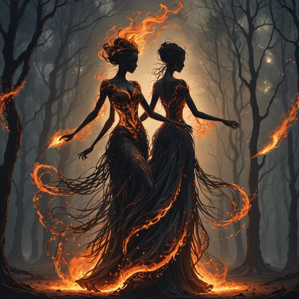 Fire Spirit Pirouette in Moonlight as Oil Painting