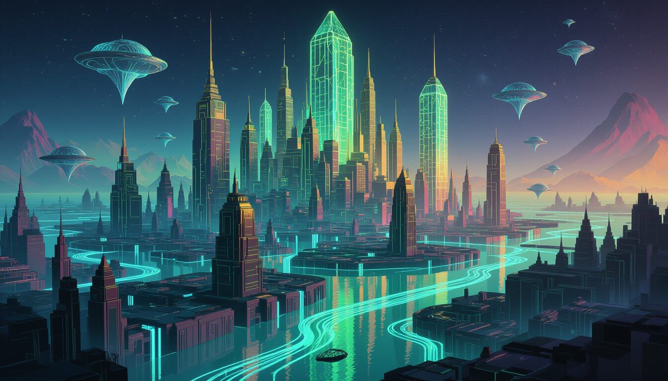 Floating Neon Citadel in Vibrant Liquid Sea