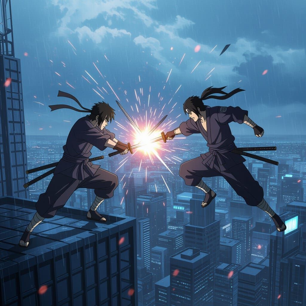 Anime Ninjas Sword Fight on Skyscraper