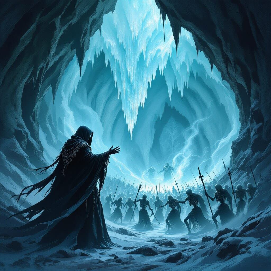 Lich Necromancer Leads Undead Army in Icy Cavern