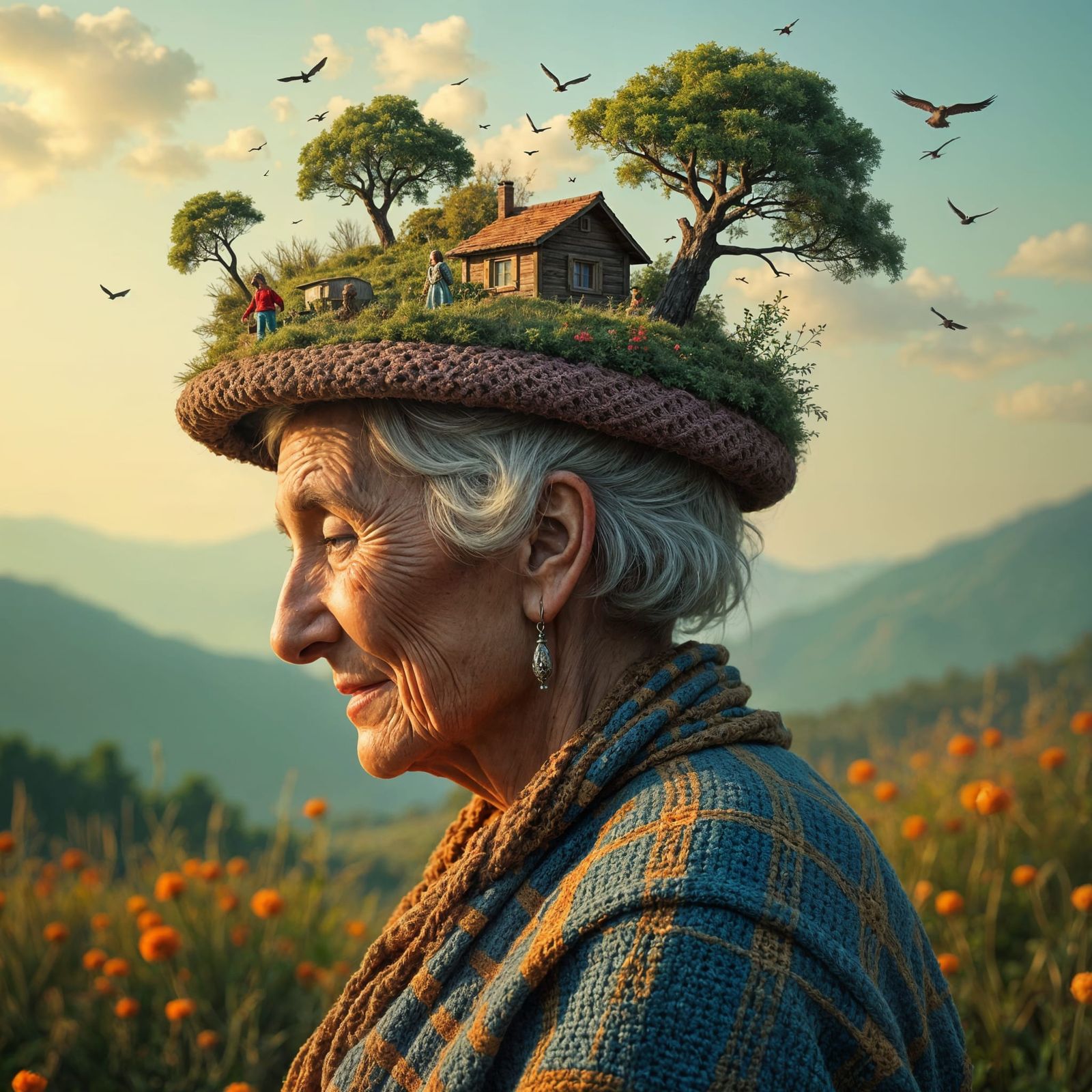 Surreal Miniature World on Elderly Woman's Head